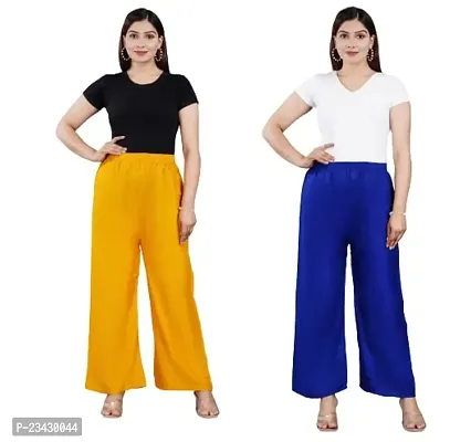 Dua Fashion Hub Plain Multicoloured Women's Straight fit Rayon Palazzo Pants (Free Size Combo Pack of 2) (Yellow + Blue)-thumb0