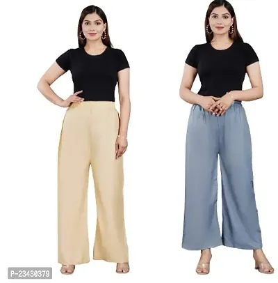 Dua Fashion Hub Plain Multicoloured Women's Straight fit Rayon Palazzo Pants (Free Size Combo Pack of 2) (Cream + Grey)-thumb0