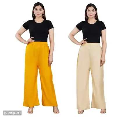 Dua Fashion Hub Plain Multicoloured Women's Straight fit Rayon Palazzo Pants (Free Size Combo Pack of 2) (Yellow + Cream)-thumb0