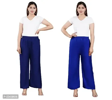 Dua Fashion Hub Plain Multicoloured Women's Straight fit Rayon Palazzo Pants (Free Size Combo Pack of 2) (Blue + Dark Blue)-thumb0