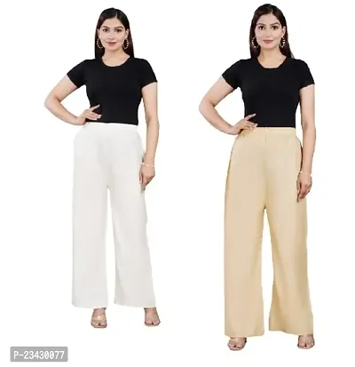 Dua Fashion Hub Plain Multicoloured Women's Straight fit Rayon Palazzo Pants (Free Size Combo Pack of 2) (White+Cream)-thumb0