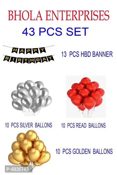 DECORATIONS Solid Happy Birthday Decoration Items or Kit with Happy Birthday Black Banner Set of 13 Letters with 30 HD Metallic Balloons Gold , Silver  Red for Foil Balloons Decoration / Party-thumb0