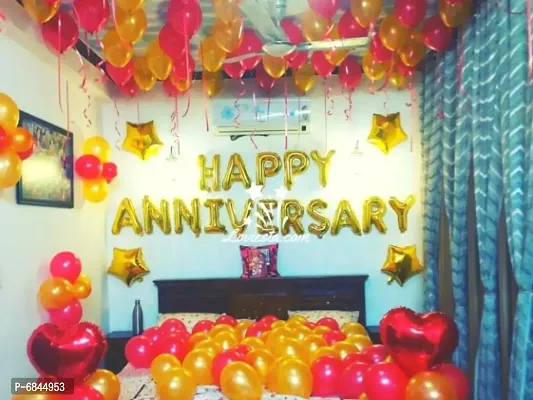 Happiness is Providing you Happy Anniversary Golden Letter Foil Balloons Set with Star Shape Foil , Balloons for Wedding Anniversary Celebration , Room Decorating Items Marriage Theme