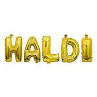 Haldi Ceremony Balloons Decoration Set of 47 Pcs(2 pcs Yellow Foil Curtain, 5 letters HALDI Foil Balloon, 20+20 pcs Green and Gold Metallic Balloons-thumb1