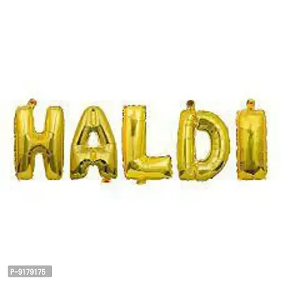 Haldi Ceremony Balloons Decoration Set of 47 Pcs(2 pcs Yellow Foil Curtain, 5 letters HALDI Foil Balloon, 20+20 pcs Green and Gold Metallic Balloons-thumb2