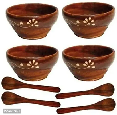 BURAQ UNIVERSAL Wooden 4 Serving Bowl with 4 Wooden Spoons Decorative Cute Bowl Food Safe Bowl Natural Wood Snack Bowl Sheesham Wooden Pack of 4 Bowls with 4 Spoons