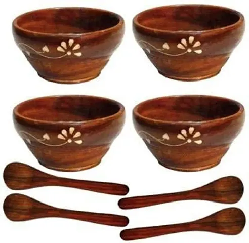 BURAQ UNIVERSAL Wooden 4 Serving Bowl with 4 Wooden Spoons Decorative Cute Bowl Food Safe Bowl Natural Wood Snack Bowl Sheesham Wooden Pack of 4 Bowls with 4 Spoons