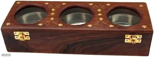 BURAQ UNIVERSAL spice Box with Spoon for Kitchen Wood Container with Lid Decorative Masala Dabba Organizer Handmade/Spice Storage Racks Jars 3 inbuilt Steal Bowl-thumb0