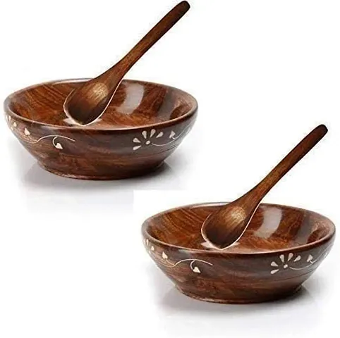 BURAQ UNIVERSAL Wood Serving Bowl Handmade Salad Bowls and Spoons 10 10 5 cm Pack of 2