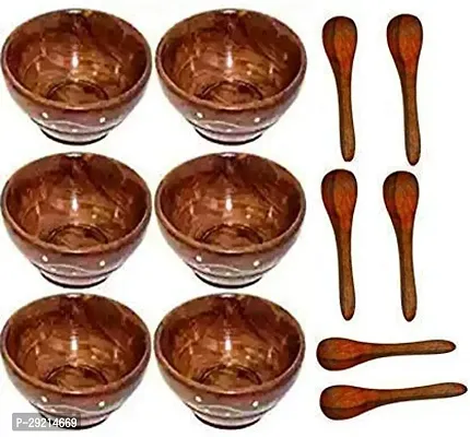 BURAQ UNIVERSAL Wooden Serving Bowl with Wooden Small Spoon Set of 6 with 6 Spoons Free (Brown) Pack of 6