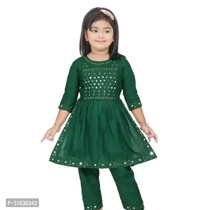 Stylish Green Cotton Blend Embellished Kurta with Pant Set For Girls-thumb0