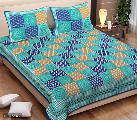 Blue Cotton Box Printed Double Bedsheet With Two Pillow Covers