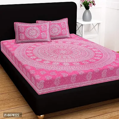 Pink Printed Cotton double  Bedsheet with Two Pillow Covers-thumb0