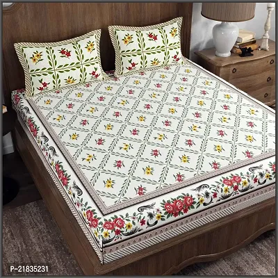 Leo Creation Cotton Double Bedsheet/Bed Cover with 2 Pillow Covers | Floral Print Jaipuri Bedsheets for Double Bed Queen Size