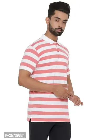 mad tee Mens Cotton Half Sleeve Striped Polo T Shirt with Collar Pink-thumb3