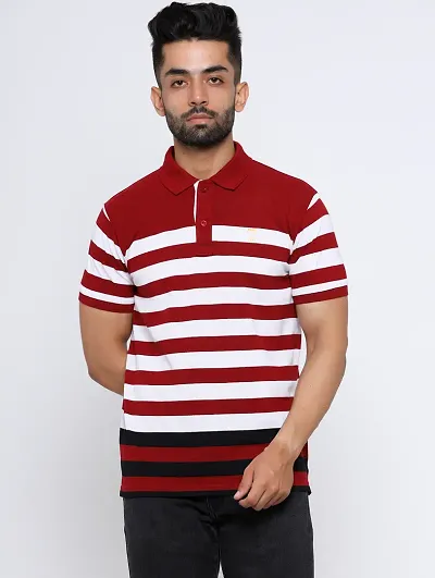 Men's Cotton Blend Striped Polo T Shirt