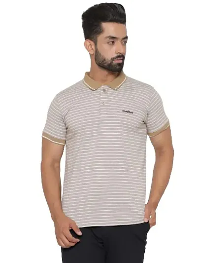 MAD TEE Mens Cotton Half Sleeve Striped Polo T Shirt with Collar