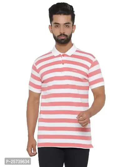 mad tee Mens Cotton Half Sleeve Striped Polo T Shirt with Collar Pink-thumb0