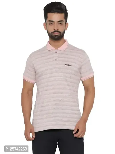 MAD TEE Mens Cotton Half Sleeve Striped Polo T Shirt with Collar