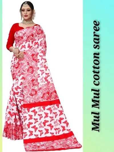 Alluring Mulmul Cotton Printed Women Saree with Blouse piece