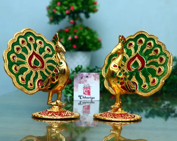 Salvus App SOLUTIONS Handmade Rajasthani Showpiece of Metal Peacock Set for Home-Office Decor & Gift (Pack of 2 Pieces_6 inch)