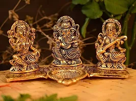 Laxmi Ganesh Saraswati With Diya On Leaf Decorative 11 cm Religious Idol  Figurine (Metal, Gold)-thumb1