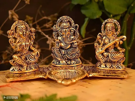 Laxmi Ganesh Saraswati With Diya On Leaf Decorative 11 cm Religious Idol  Figurine (Metal, Gold)-thumb2