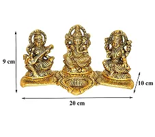 Laxmi Ganesh Saraswati With Diya On Leaf Decorative 11 cm Religious Idol  Figurine (Metal, Gold)-thumb3