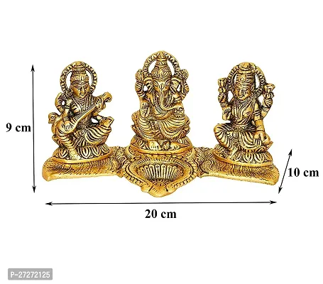 Laxmi Ganesh Saraswati With Diya On Leaf Decorative 11 cm Religious Idol  Figurine (Metal, Gold)-thumb4