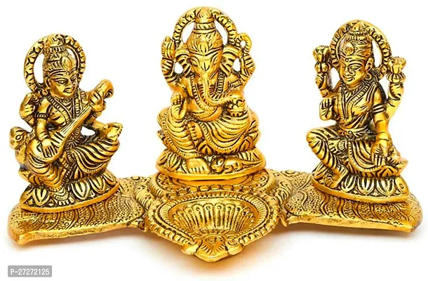 Laxmi Ganesh Saraswati With Diya On Leaf Decorative 11 cm Religious Idol  Figurine (Metal, Gold)-thumb5
