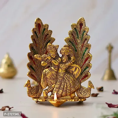 Golden Radha Krishna Idol Metal Decorative with Diya 21 cm Religious Idol  Figurine (Metal, Gold)-thumb0