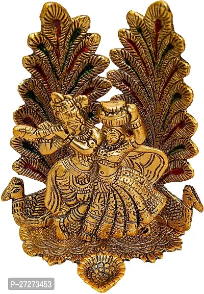 Golden Radha Krishna Idol Metal Decorative with Diya 21 cm Religious Idol  Figurine (Metal, Gold)-thumb5