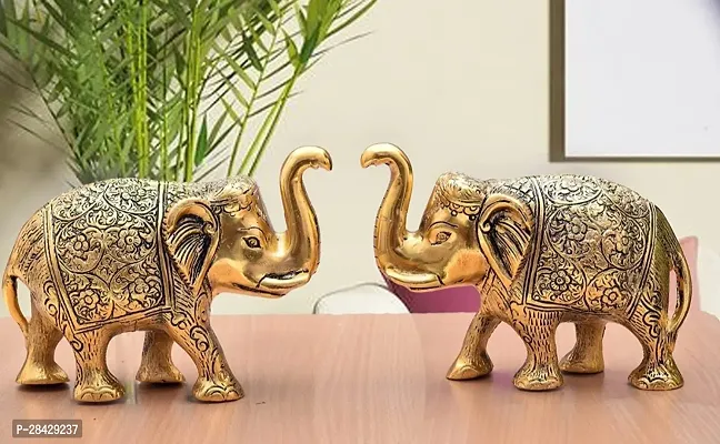 Elephant Statue Golden Polish Decorative Showpiece Pack Of 2