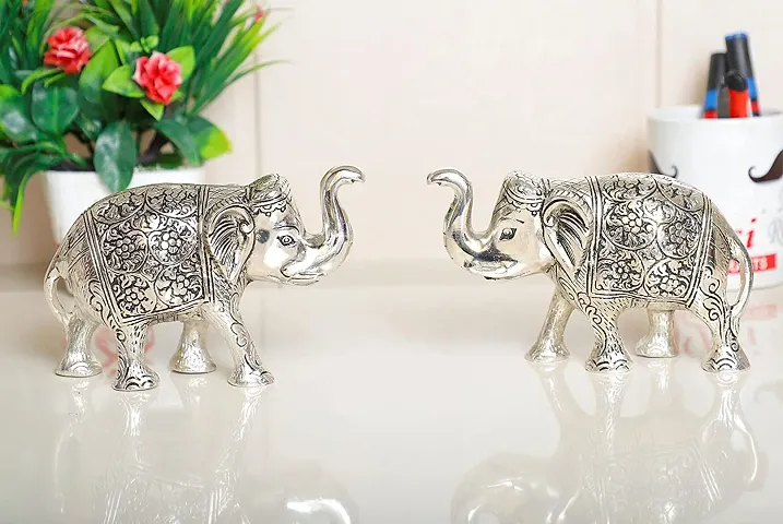 Elephant Statue Silver Polish Decorative Showpiece Pack Of 2