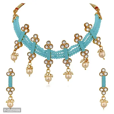Stefan Traditional Floral Kundan  Blue Beads Layered Choker Necklace Jewellery Set for Women (CJ100261BLU)