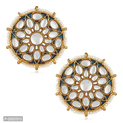 Stefan Traditional Gold Plated Meenakari White and Blue Kundan Circular Stud Earring for Women CJ100187