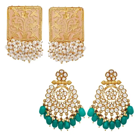 Stefan 2 Pairs of Traditional Ethnic Dangler Earrings Combo with Kundan and Meenakari Work for Women (ERCO001001)