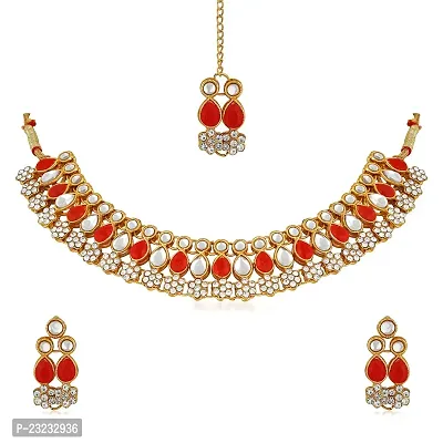 Stefan Red Kundan  Artificial Pearl Traditional Choker Necklace Earring  Maangtikka Set For Women (CJ100257RED)-thumb0