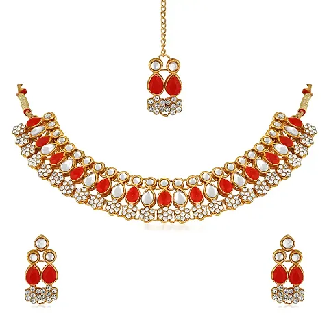 Stefan Kundan Artificial Pearl Traditional Choker Necklace Earring Maangtikka Set For Women (CJ100257RED)