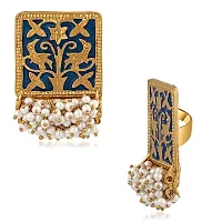 Stefan Ethnic Meenakari Work Rectangular Shape Finger ring with Artificial Pearl for Women FR100138Blu-thumb2