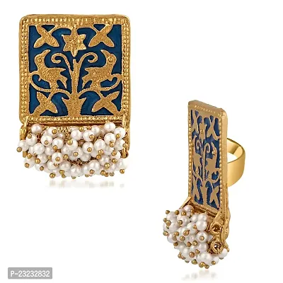 Stefan Ethnic Meenakari Work Rectangular Shape Finger ring with Artificial Pearl for Women FR100138Blu-thumb3