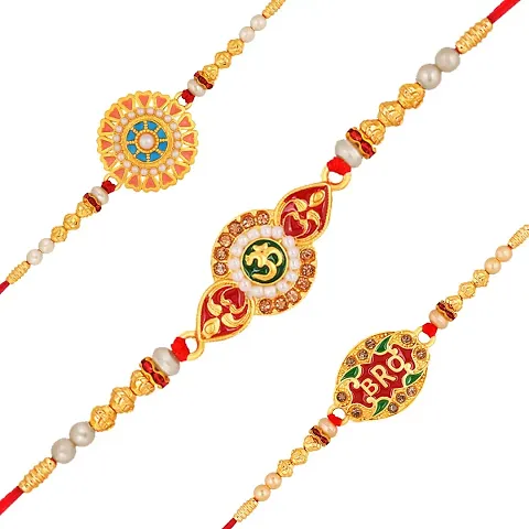 Stefan Plated Combo of 3 Om Floral Meena Work Bhaiya Rakhis (RACO001007)