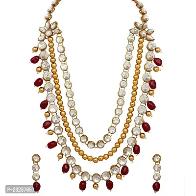 Stefan Ethnic Gold Plated Maroon and White Kundan Necklace set For Women CJ100159MRN