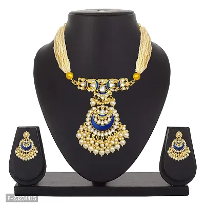 Stefan Blue Meenakari Work Enamel Layered Floral Traditional Neckace set Kundan and Artificial Beads for Women CJ100369BLU-thumb2