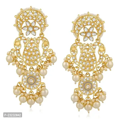 Stefan Gold Plated Traditional White Kundan Long Dangler Earring For Women CJ100198-thumb0