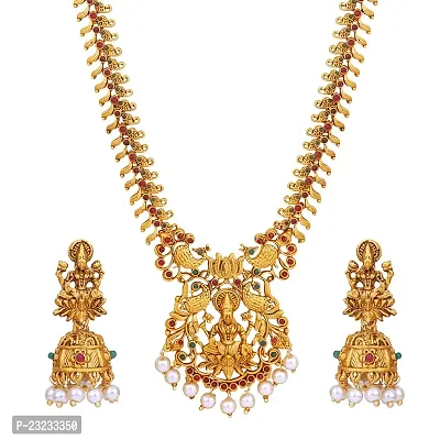 Stefan Traditional Ethnic Gold Plated Devi Maa,Floral and Peacock Shaped Red  Green Kundan Necklace Set for Women (CJ100431)