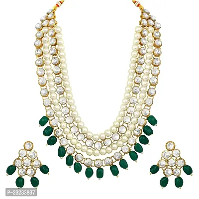 Stefan Traditional Ethnic Mehandi Plated Necklace Set with Green Pearl and Kundan for Women (CJ100379)