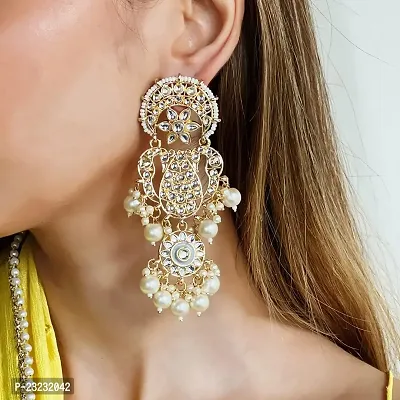 Stefan Gold Plated Traditional White Kundan Long Dangler Earring For Women CJ100198-thumb3