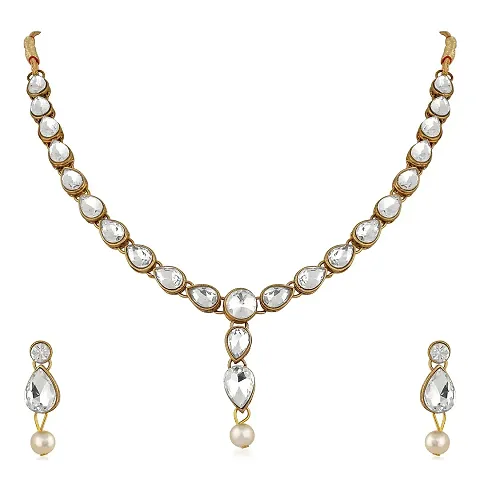 Stefan Traditional Jewellery Kundan and Artificial Pearl Necklace Set with Earrings for Women (CJ100253WHT)