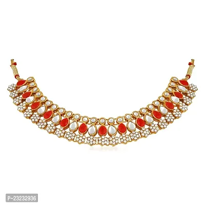 Stefan Red Kundan  Artificial Pearl Traditional Choker Necklace Earring  Maangtikka Set For Women (CJ100257RED)-thumb3